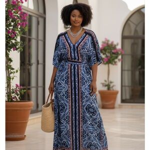 CATO WOMEN DRESS SZ 26/28 ELASTIC WAIST PAISLEY FLORAL MAXI DRESS  SHORT SLEEVE.